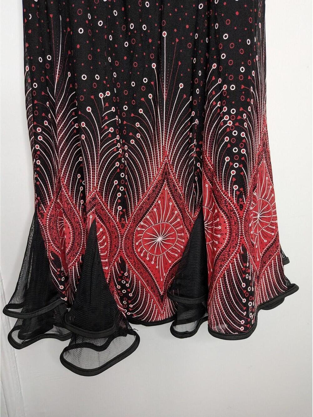 Boho Geometric Skirt S/M Black Red Chiffon Ruffle Layered Midi Flare Goth Fairy - Picture 2 of 6